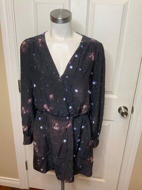 Parker Black Galaxy Print Long Sleeve Mini Dress, Size S